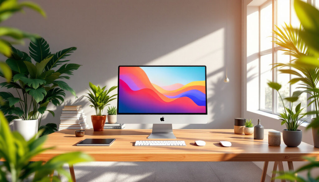 A stylish desk adorned with potted plants, showcasing a modern workspace.