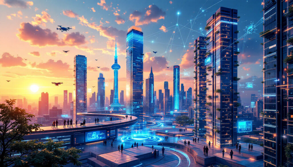 A futuristic city skyline with tall buildings and glowing lights during sunset.