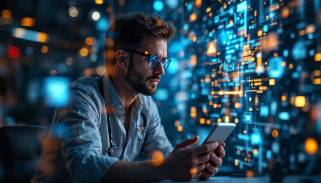 A focused individual examines a smartphone in a high-tech environment.