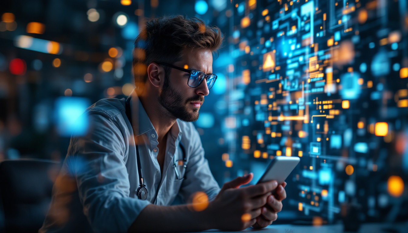 A focused individual examines a smartphone in a high-tech environment.