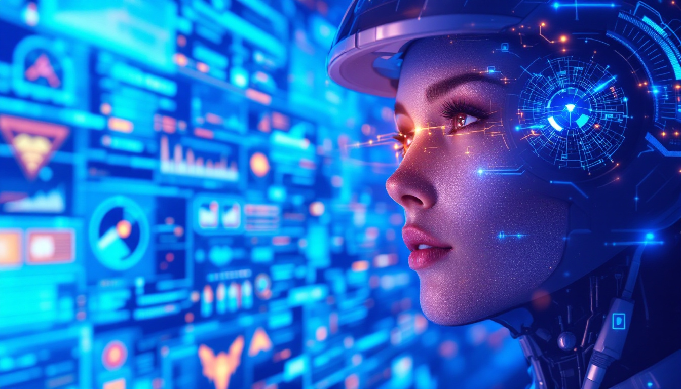 Futuristic graphic representing AI agents with icons of robots, data flows, and digital networks, symbolizing technology and innovation.