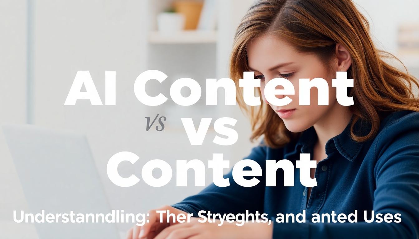 Split image showing a robot typing on a keyboard next to a human doing the same, comparing AI and human content creation.