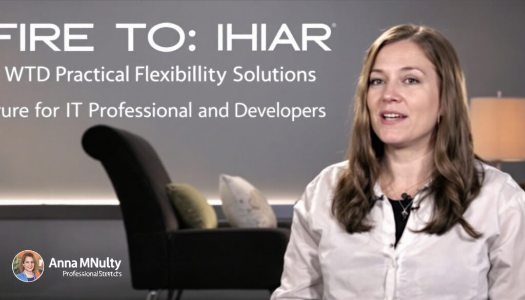 Anna McNulty demonstrating a stretch routine suitable for IT professionals and developers in an office setting.