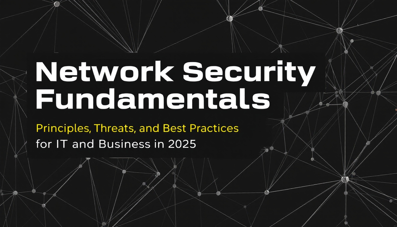 Illustration of office network with security shields, servers, and professionals checking cyber protection.