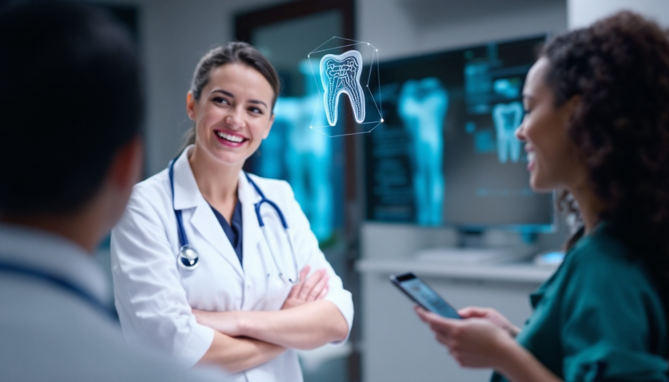 Smiling IT professionals reviewing dental insurance options on a laptop in a modern office.